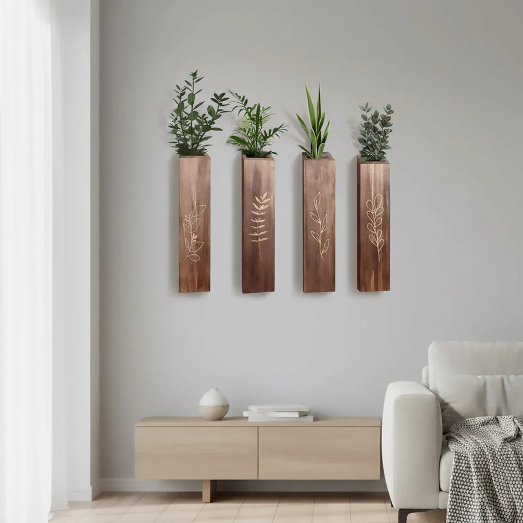 Wooden Wall Plant Shelves with Leaf Carving – Set of 4