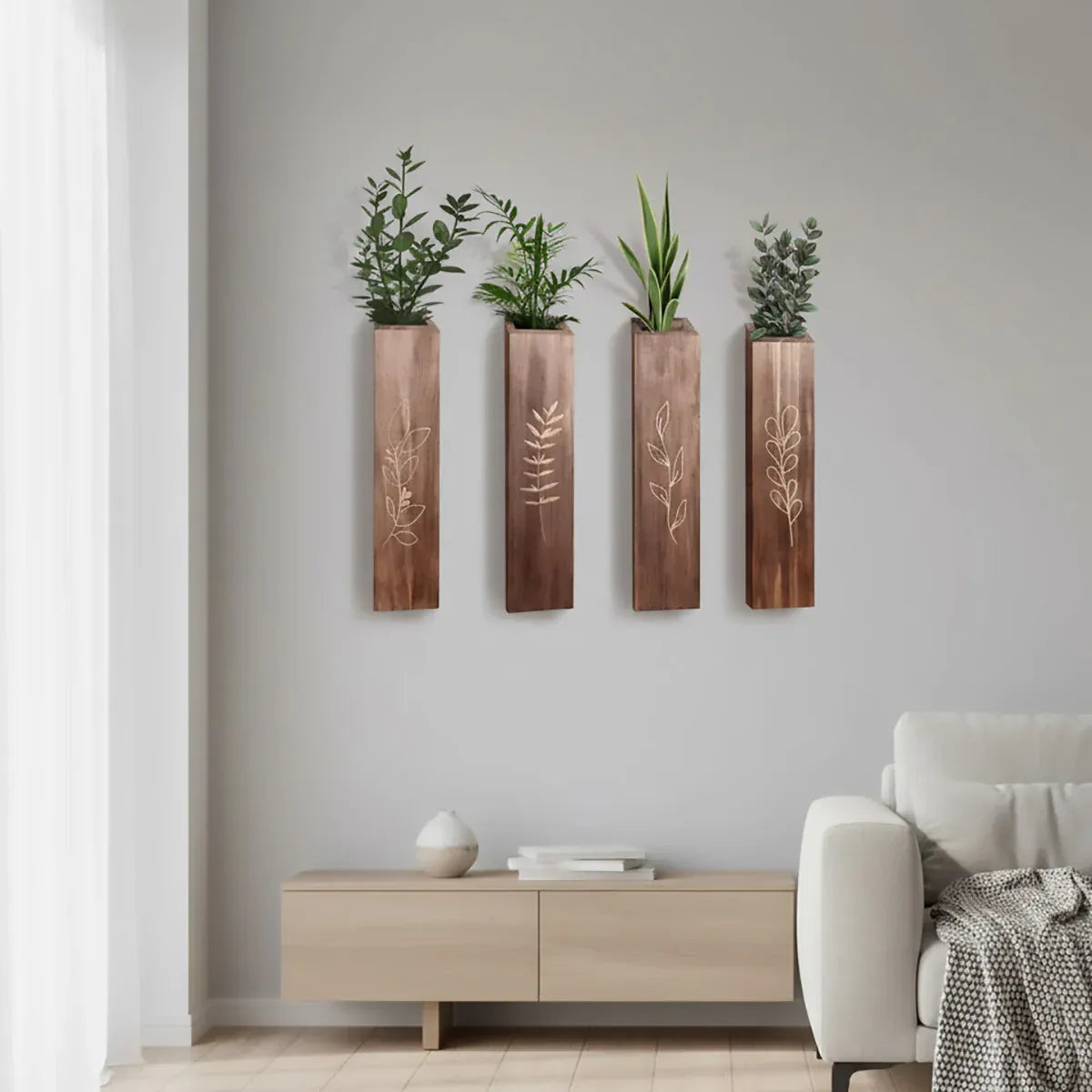 Wooden Wall Plant Shelves with Leaf Carving – Set of 4