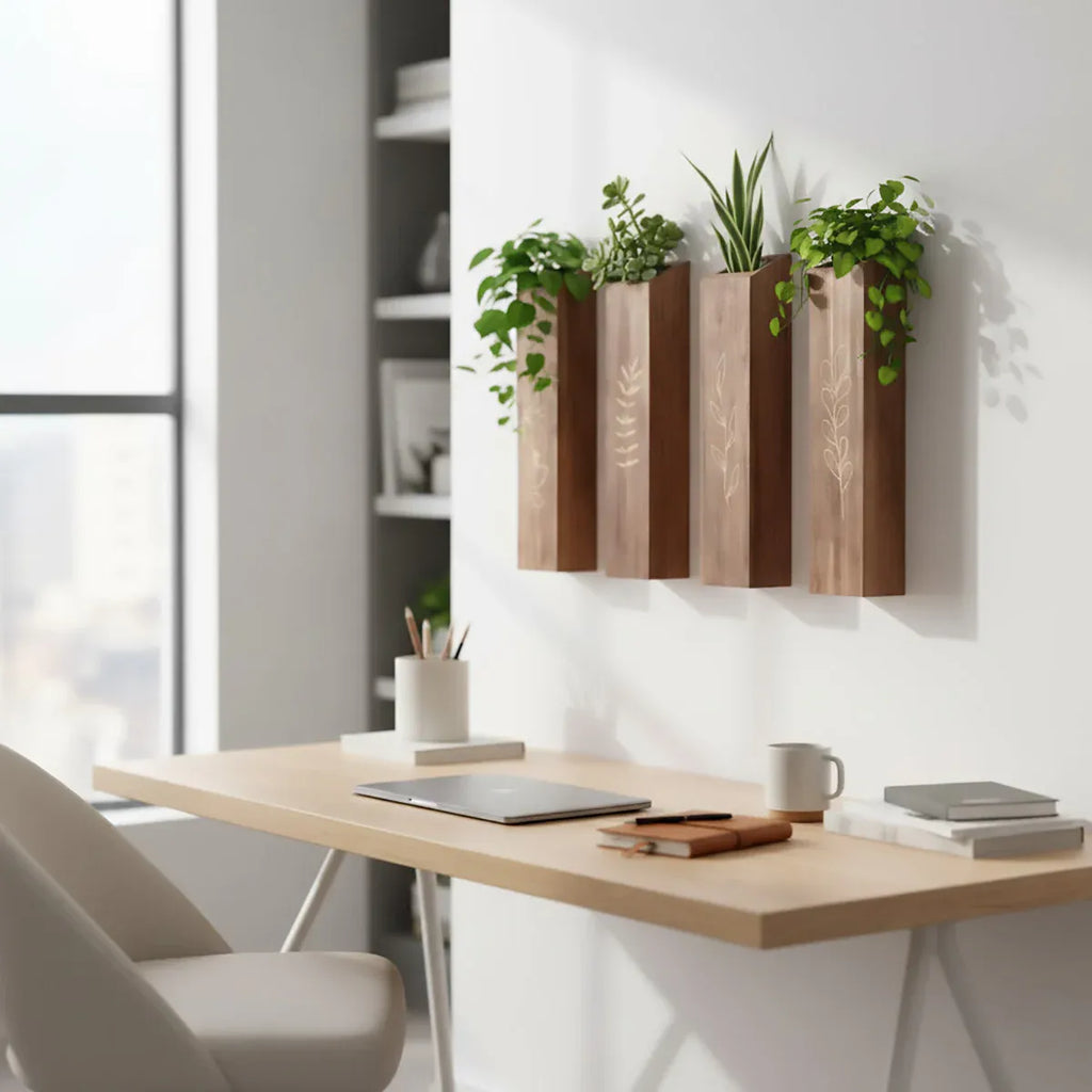 Wooden Wall Plant Shelves with Leaf Carving – Set of 4