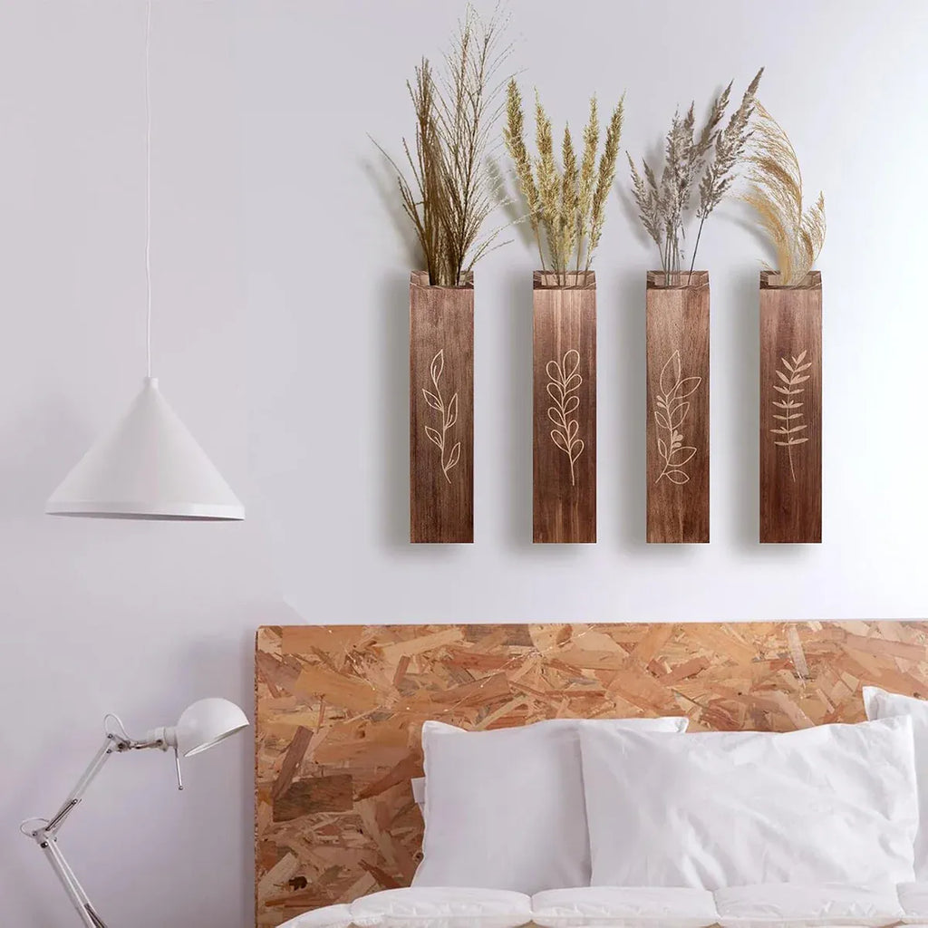 Wooden Wall Plant Shelves with Leaf Carving – Set of 4
