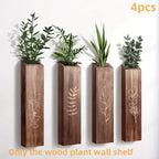 Wooden Wall Plant Shelves with Leaf Carving – Set of 4
