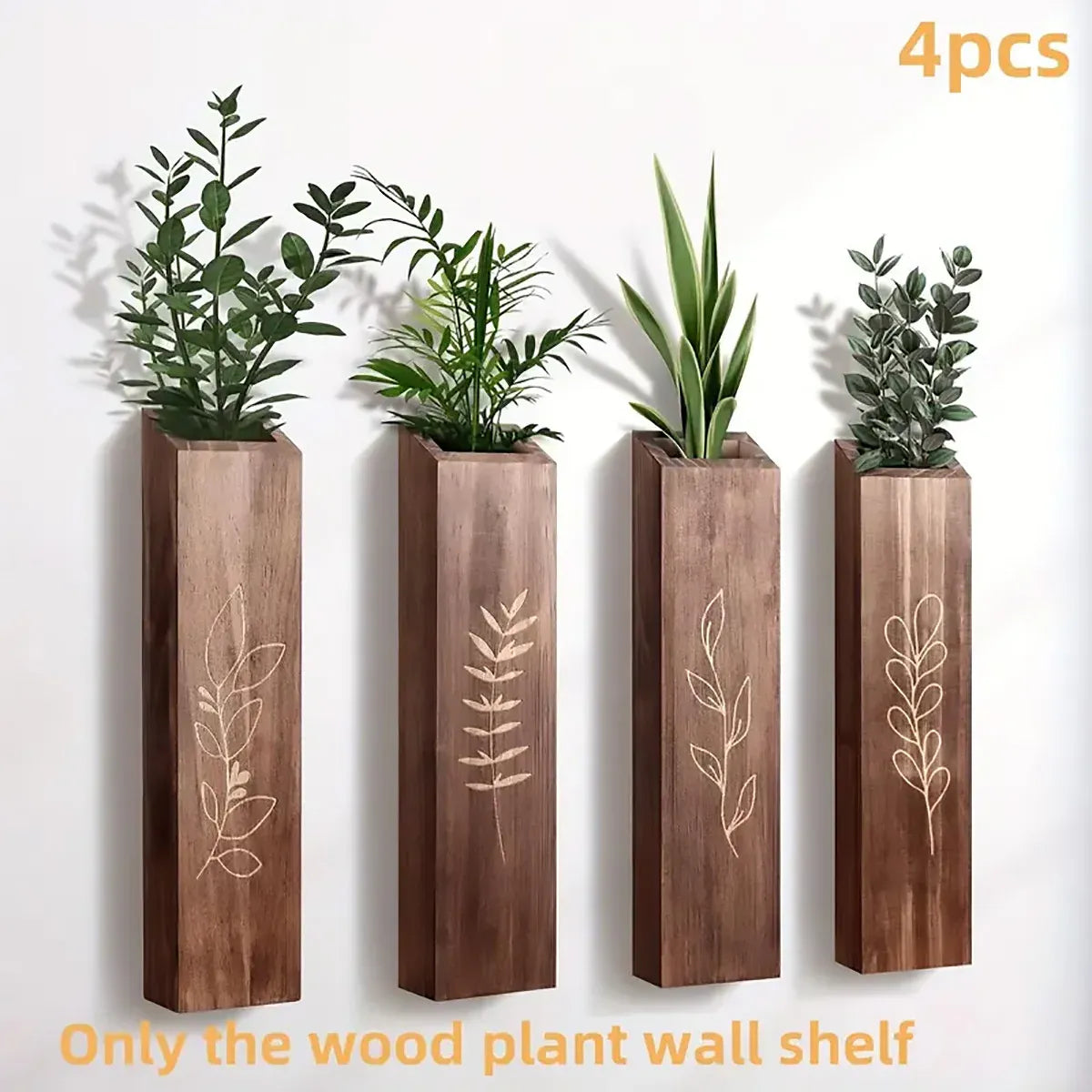 Wooden Wall Plant Shelves with Leaf Carving – Set of 4