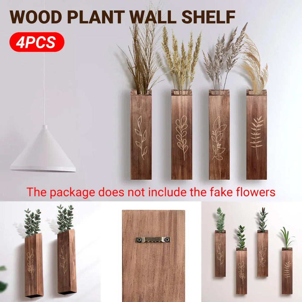 Wooden Wall Plant Shelves with Leaf Carving – Set of 4