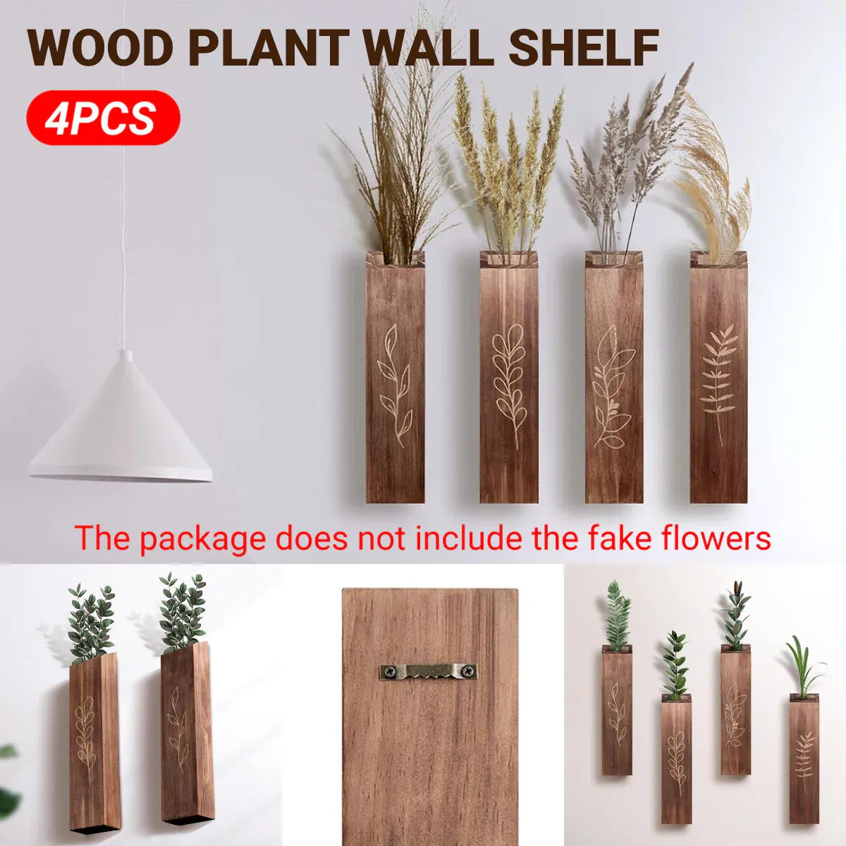 Wooden Wall Plant Shelves with Leaf Carving – Set of 4