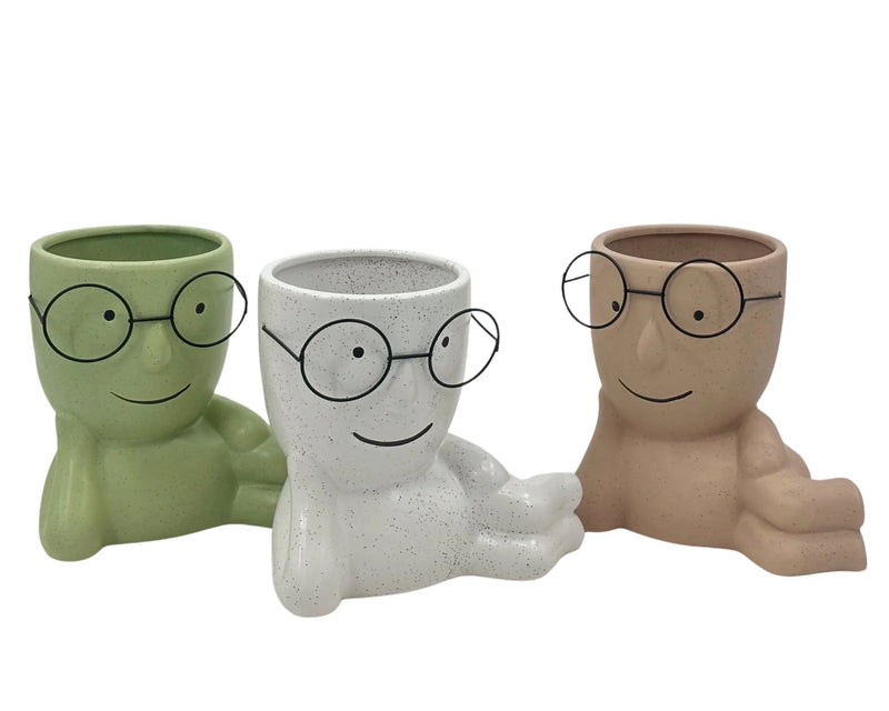 Lying Ceramic Face Planters with Metal Glasses, 22 cm – Pack of 6 (3 Designs)