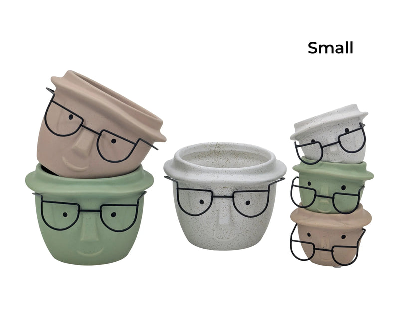 Ceramic Face Planters with Metal Glasses, 9 cm – Pack of 18 (3 Designs)