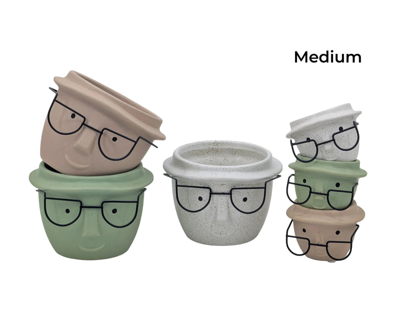 Ceramic Face Planters with Metal Glasses, 14.5 cm – Pack of 12 (3 Designs)