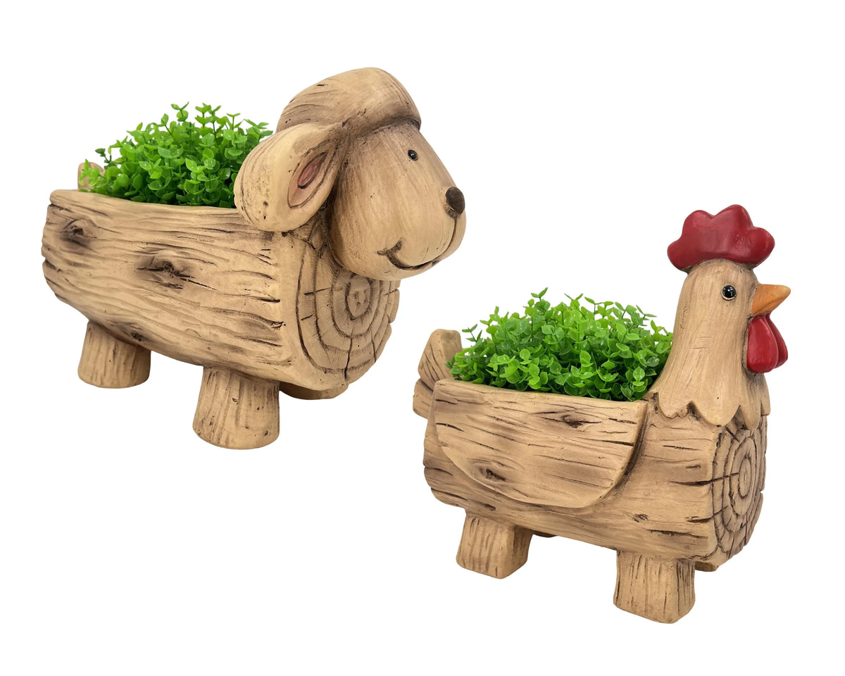 Resin Rooster and Sheep Planters – Pack of 4 (2 Designs)