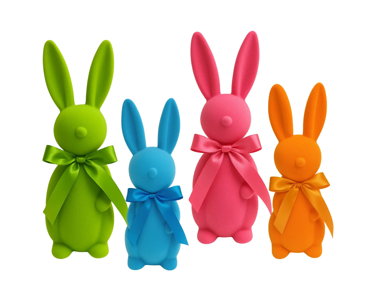 Easter Flocked Sitting Bunny, 38 cm – 4 Assorted Designs, Bulk Buy x6