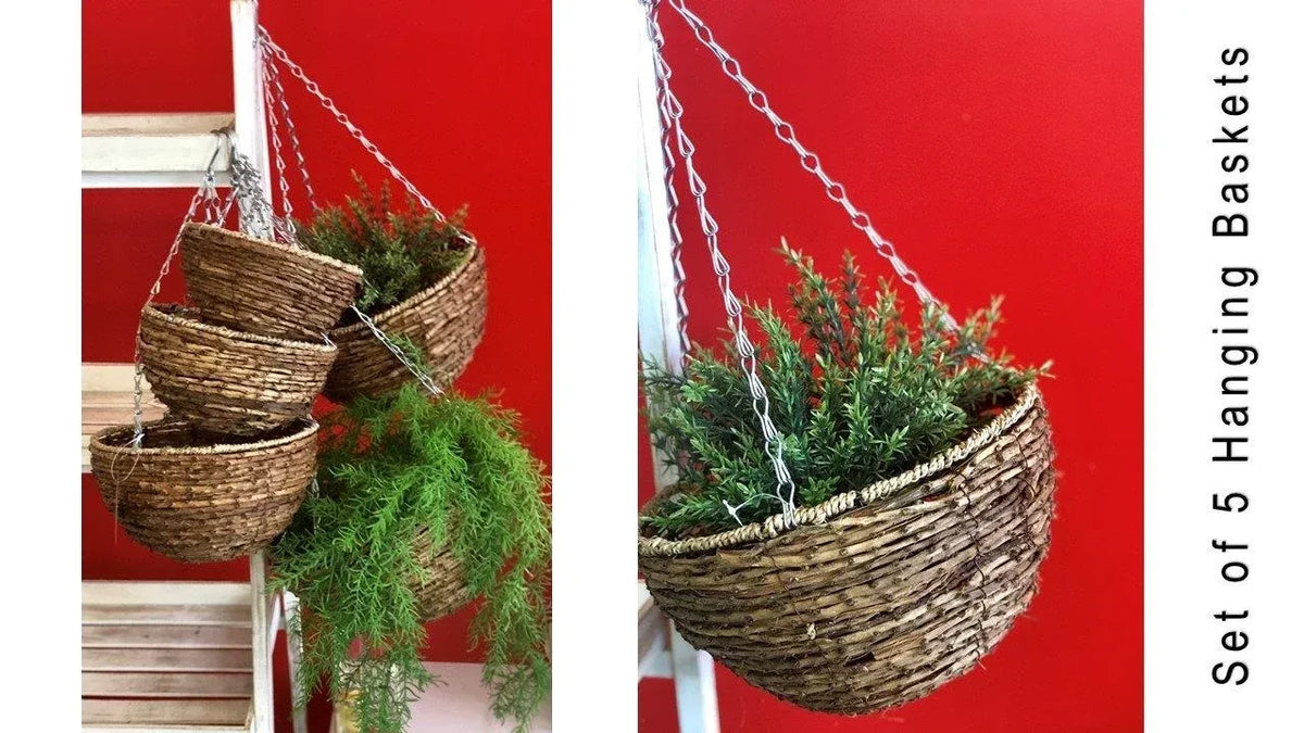 Hanging Rattan Basket Planters with Chains, Set of 5 – 4 Sets
