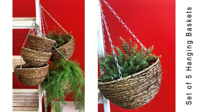 Hanging Rattan Basket Planters with Chains, Set of 5 – 4 Sets