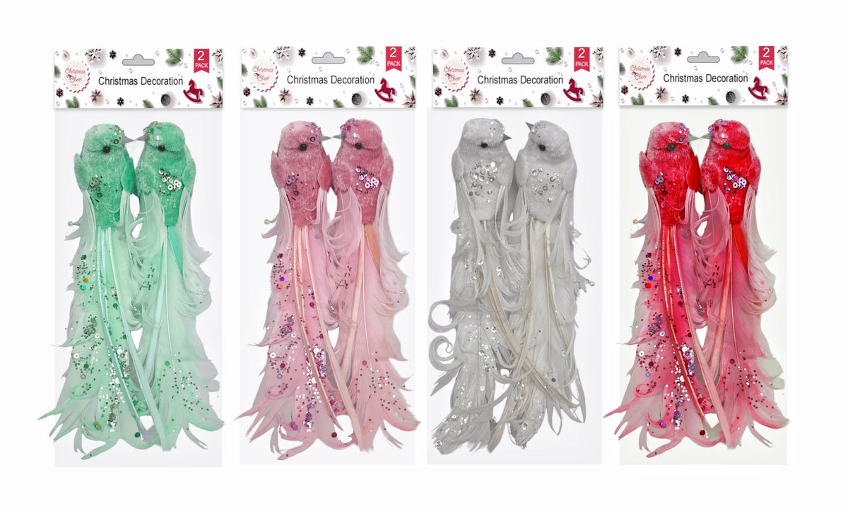 Christmas Feather & Sequins Bird with Clip, 17 x 3.5 x 4 cm – Pack of 2, 4 Assorted Designs, Bulk Buy x24