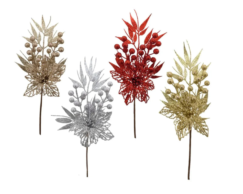 Christmas Glitter Poinsettia Berry Pick, 41 cm – 4 Assorted Designs, Bulk Buy x48