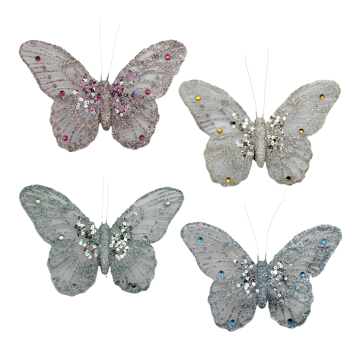 Glitter Butterfly with Clip, 14 x 9.5 cm – 4 Assorted Designs, Bulk Buy x48