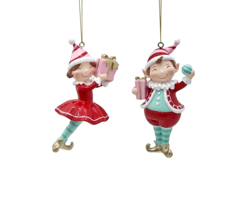 Christmas Candyland Boy & Girl Hanging Elf Resin, 12 cm – Bulk Buy x12