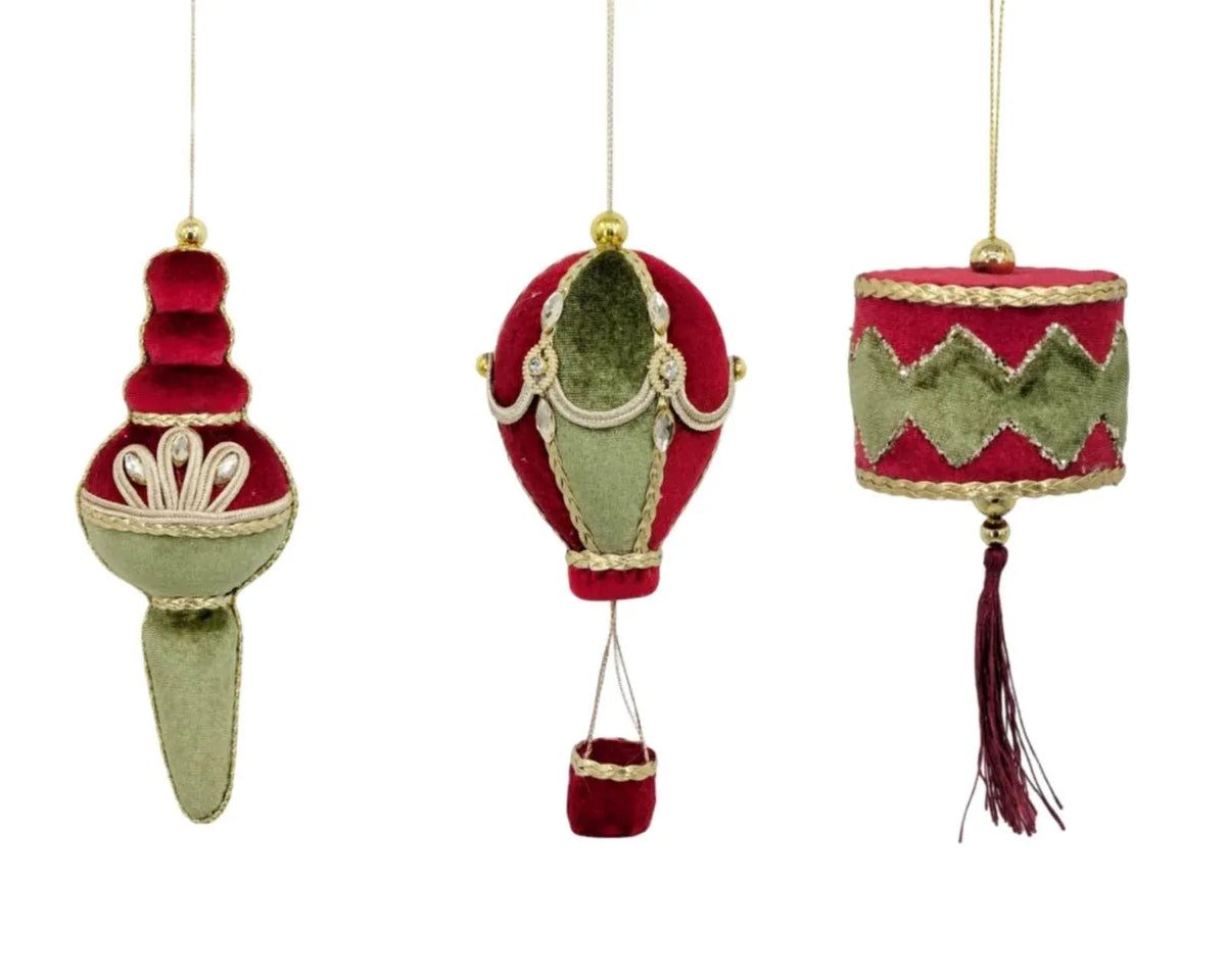 Christmas Red & Green Velvet Ornament, 18/22 cm – 3 Assorted Designs, Bulk Buy x24