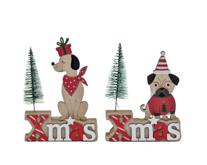 Christmas MDF Dog & Tree Deco, 9 x 13 cm – 2 Assorted Designs, Bulk Buy x24