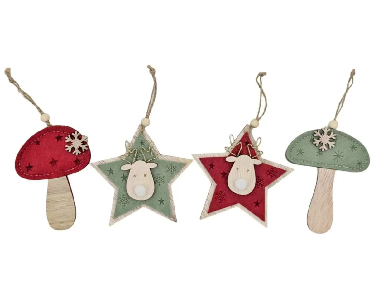 Christmas Felt Star & Mushroom Hanger, 11 cm – 4 Assorted Designs, Bulk Buy x24