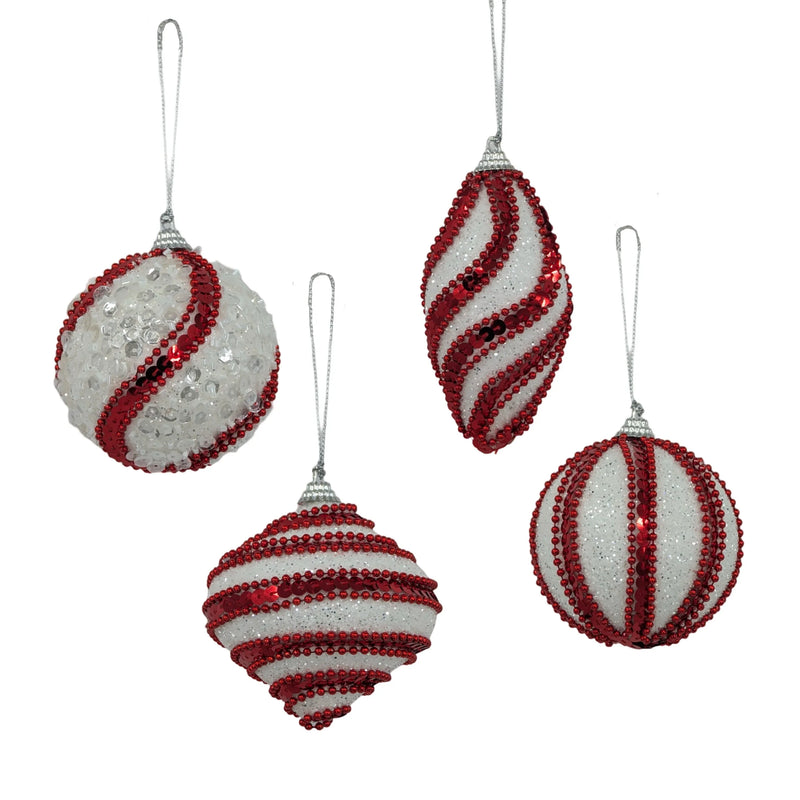 Christmas Red & White Glitter Bauble Ornaments, 8 cm – 4 Assorted Designs, Bulk Buy x36