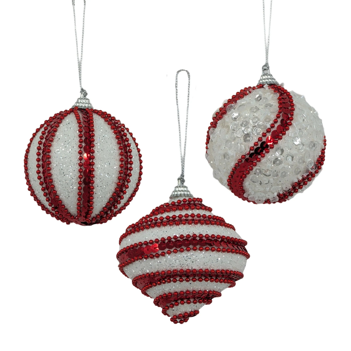 Christmas Red & White Glitter Bauble Ornaments, 10 cm – 3 Assorted Designs, Bulk Buy x24