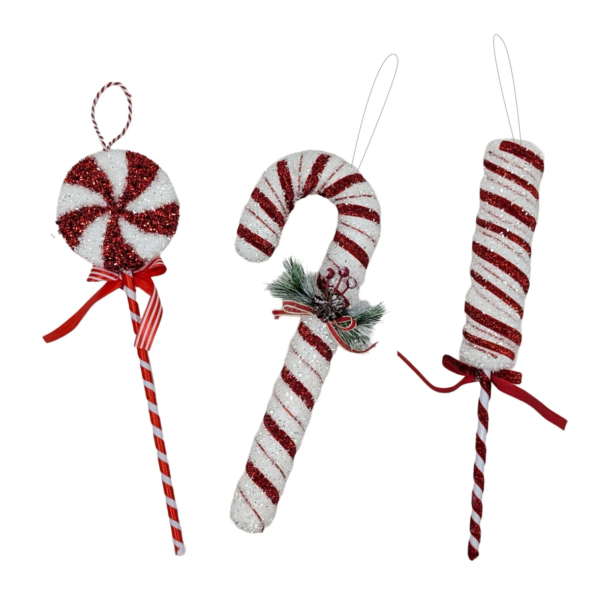 Christmas Red & White Glitter Lollipop Candy Cane Hanging, 34-38 cm – 2 Assorted Designs, Bulk Buy x24
