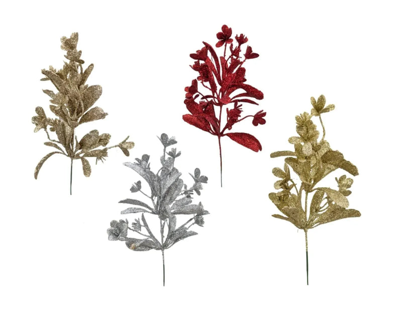 Christmas Glitter Flower Pick, 30 cm – 4 Assorted Designs, Bulk Buy x36