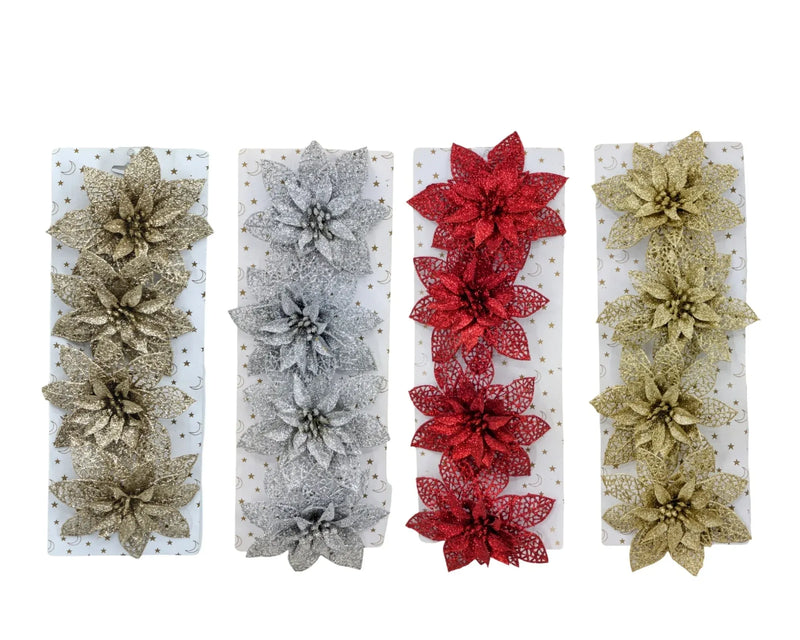 Christmas Glitter Poinsettia with Clip, 14 cm – Pack of 4, 4 Assorted Designs, Bulk Buy x24