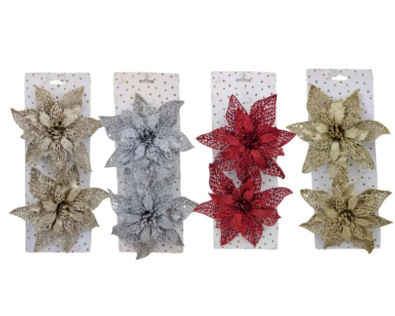 Christmas Glitter Poinsettia with Clip, 18 cm – Pack of 2, 4 Assorted Designs, Bulk Buy x24