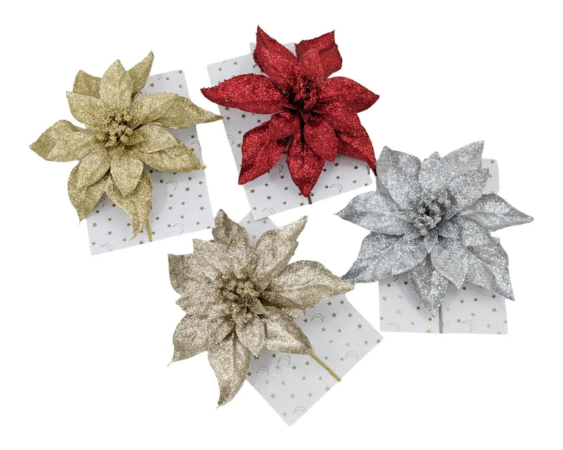 Christmas Glitter Poinsettia with Clip, 21 cm – 4 Assorted Designs, Bulk Buy x36