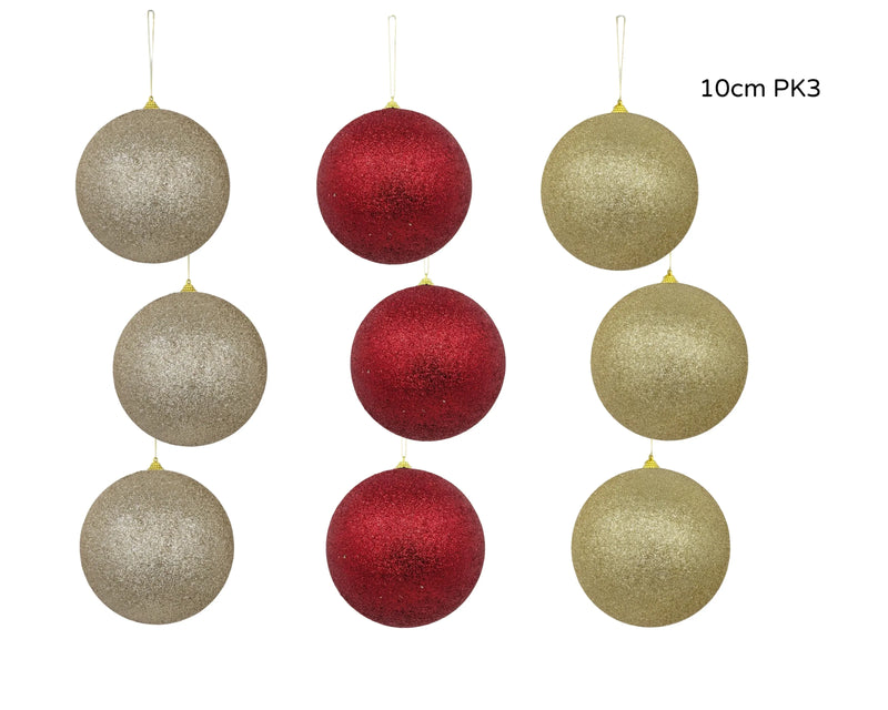 Christmas Tree Glitter Bauble Polystyrene XL, 10 cm – Pack of 3, 3 Assorted Designs, Bulk Buy x24