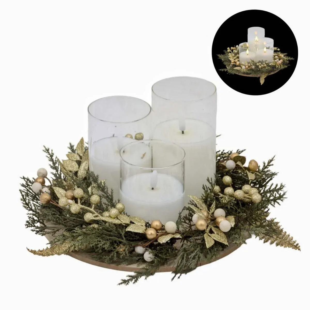 Christmas LED Candle Set Green & Gold Wreath on Tray, 26 x 26 x 15 cm – Bulk Buy x4