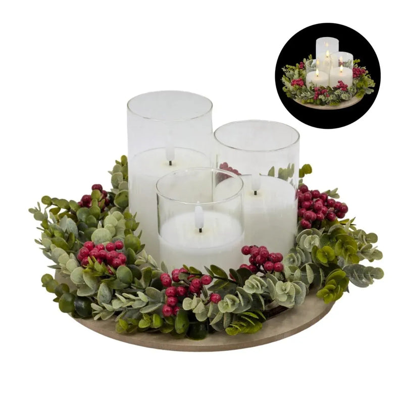 Christmas LED Candle Set Green & Red Wreath on Tray, 26 x 26 x 15 cm – Bulk Buy x4