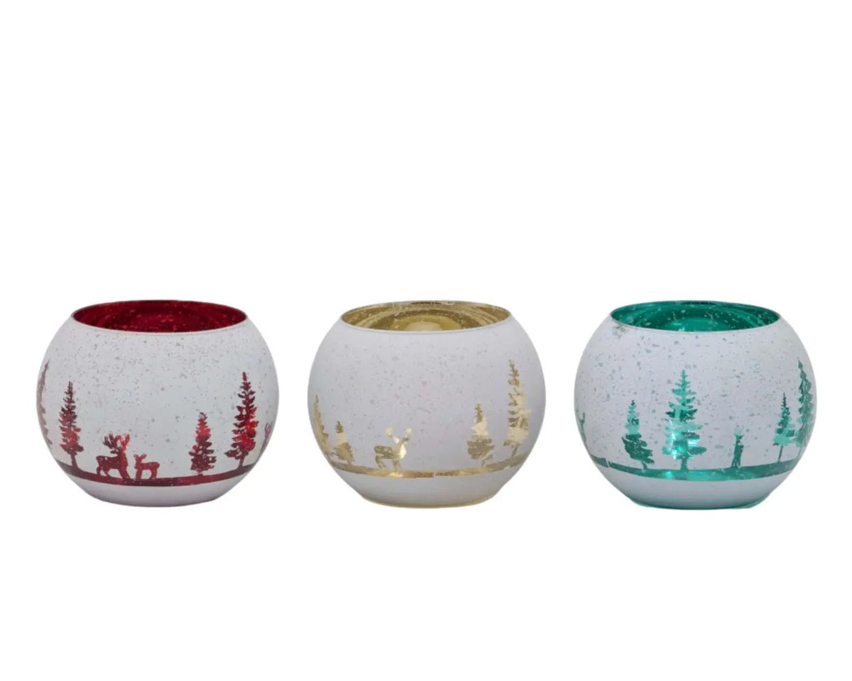 Christmas Snowy Forest Glass Candle Holder, 15 x 11 cm – 3 Assorted Designs, Bulk Buy x12