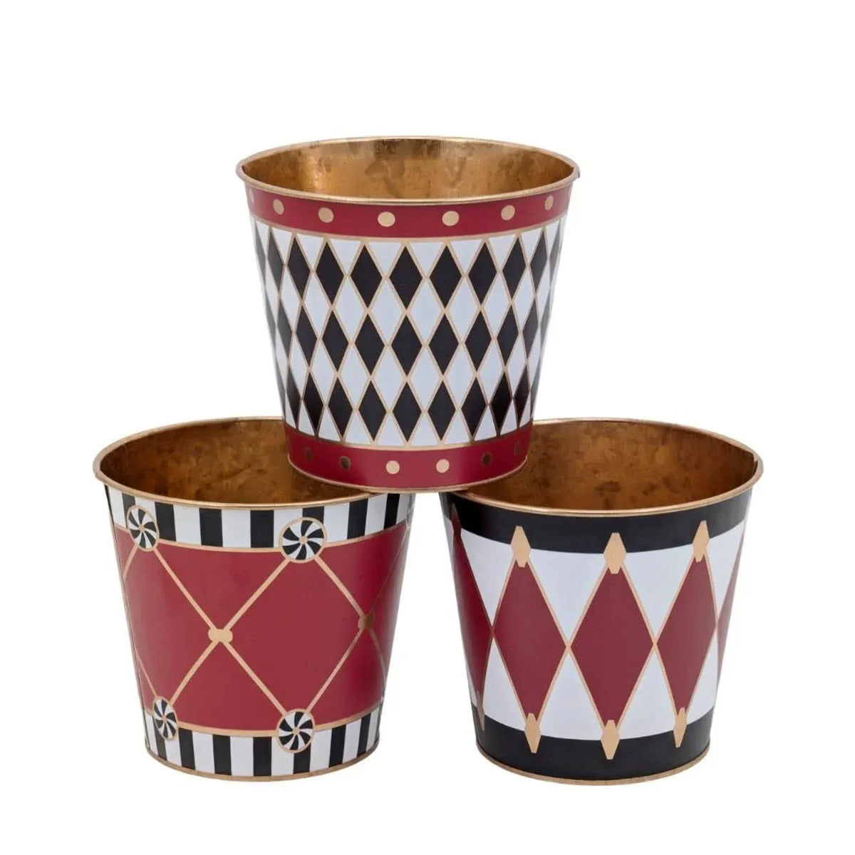 Christmas Traditional Harlequin Metal Bucket Round, 15 x 14 cm – 3 Assorted Designs, Bulk Buy x24