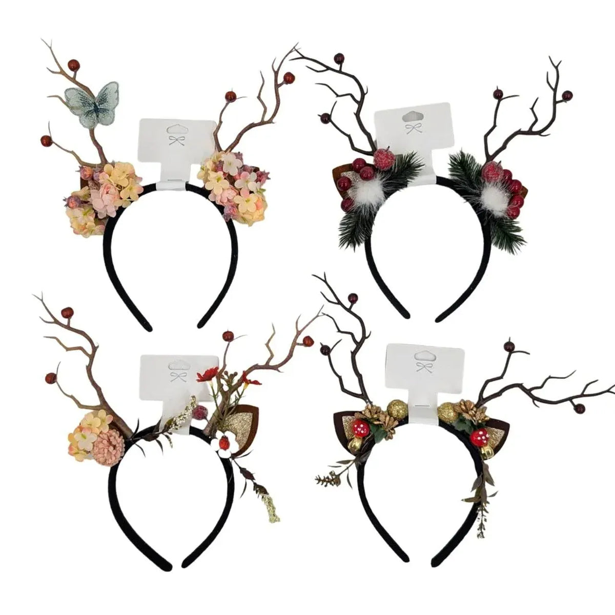 Christmas Reindeer Floral Headband, 26 x 27 cm – 4 Assorted Designs, Bulk Buy x24