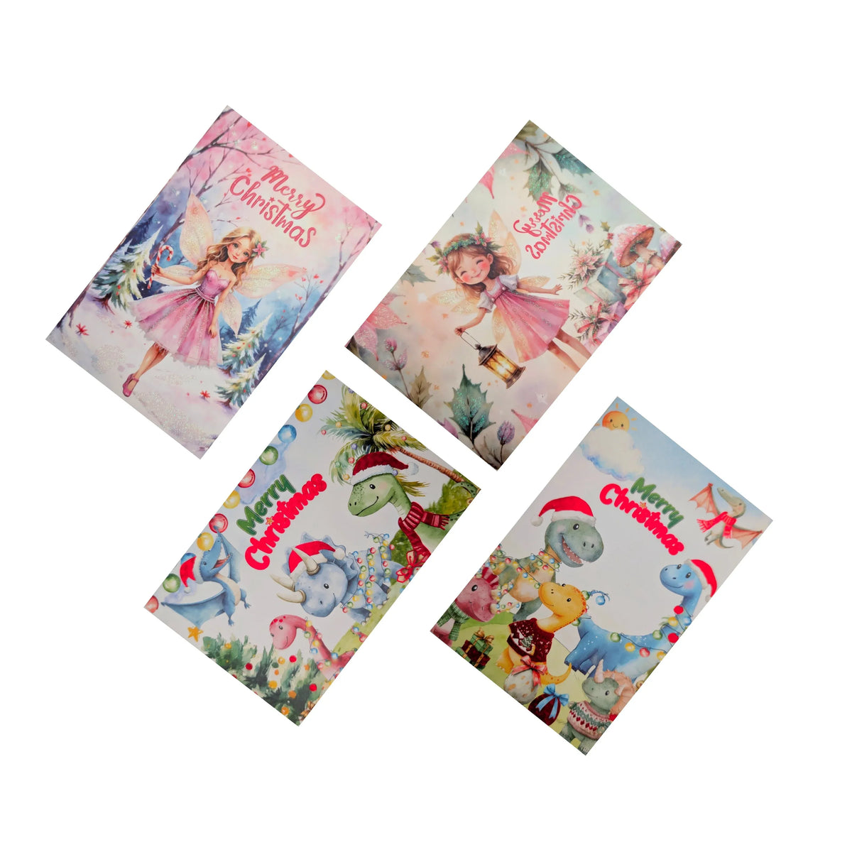 Christmas Fairy & Dinosaur Cards Glitter, 11.5 x 17.5 cm – Pack of 8, Bulk Buy x48