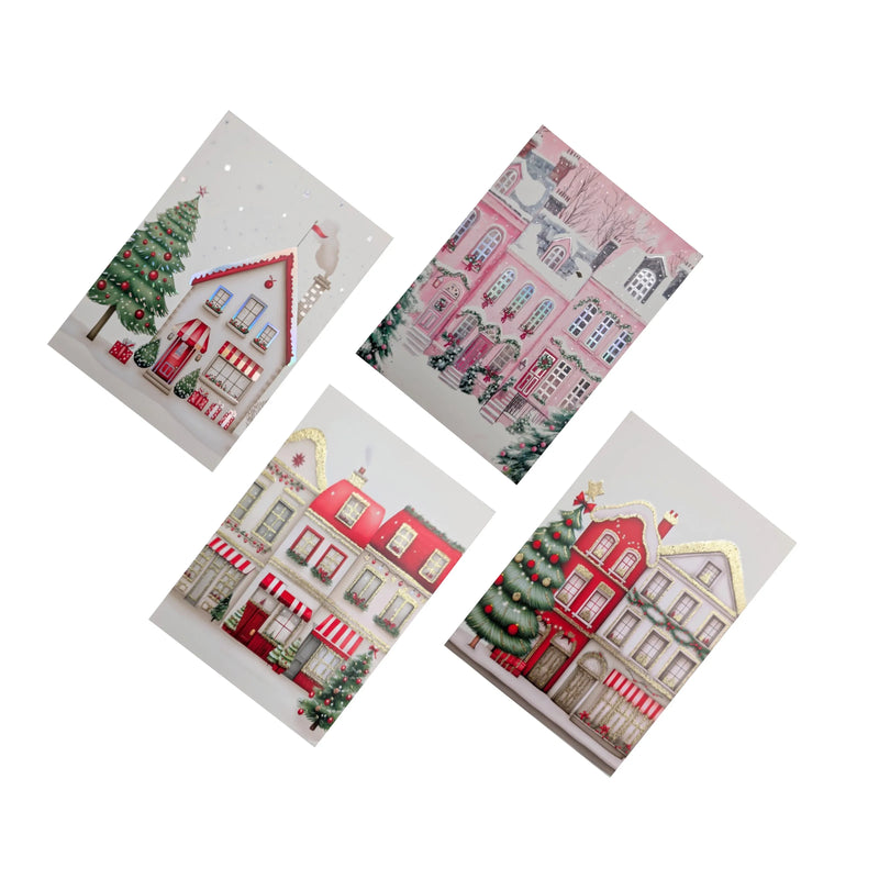 Christmas Village Cards Foiled or Glittered, 12 x 17 cm – Pack of 8, Bulk Buy x48