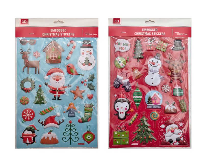 Christmas 3D Embossed Stickers, 21 x 29.7 cm – 2 Assorted Designs, Bulk Buy x24