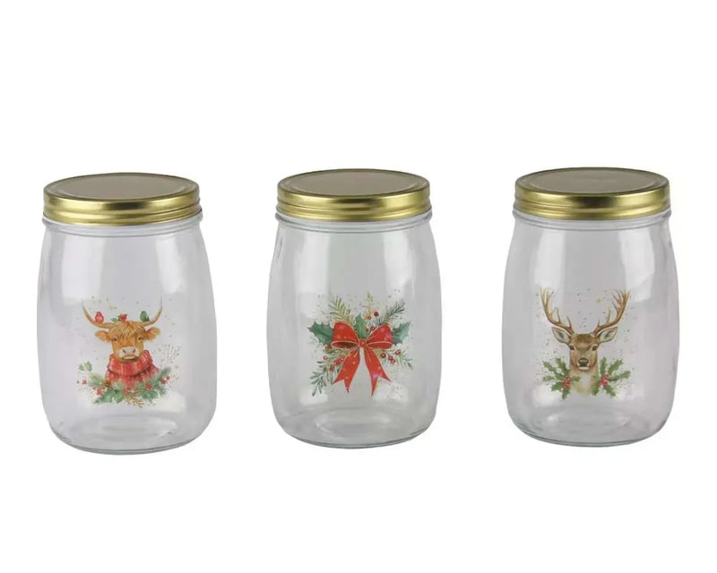 The Christmas Icon Glass Jar, 1000 ml – 3 Assorted Designs, Bulk Buy x12