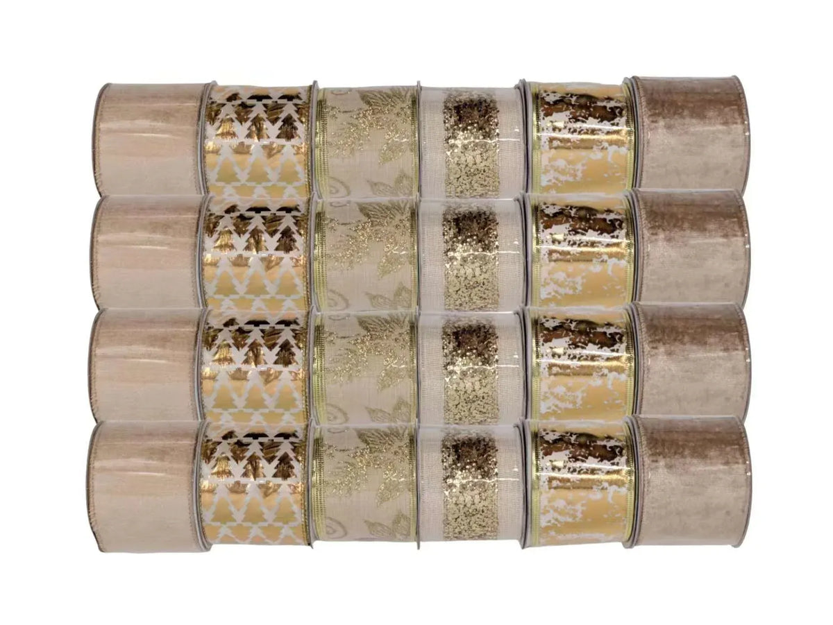 Christmas Gold Luxe Ribbon, 6.3 cm x 3 m – 6 Assorted Designs, Bulk Buy x24