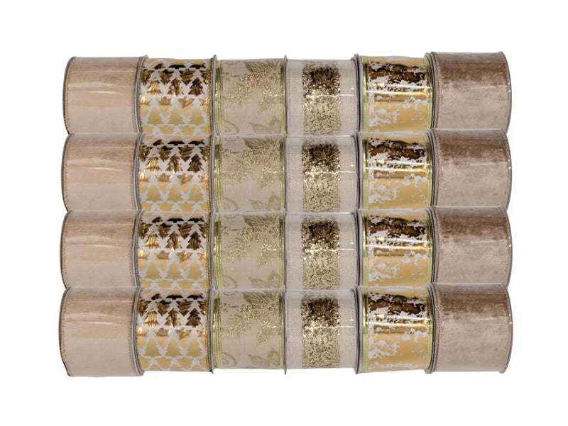 Christmas Gold Luxe Ribbon, 6.3 cm x 3 m – 6 Assorted Designs, Bulk Buy x24