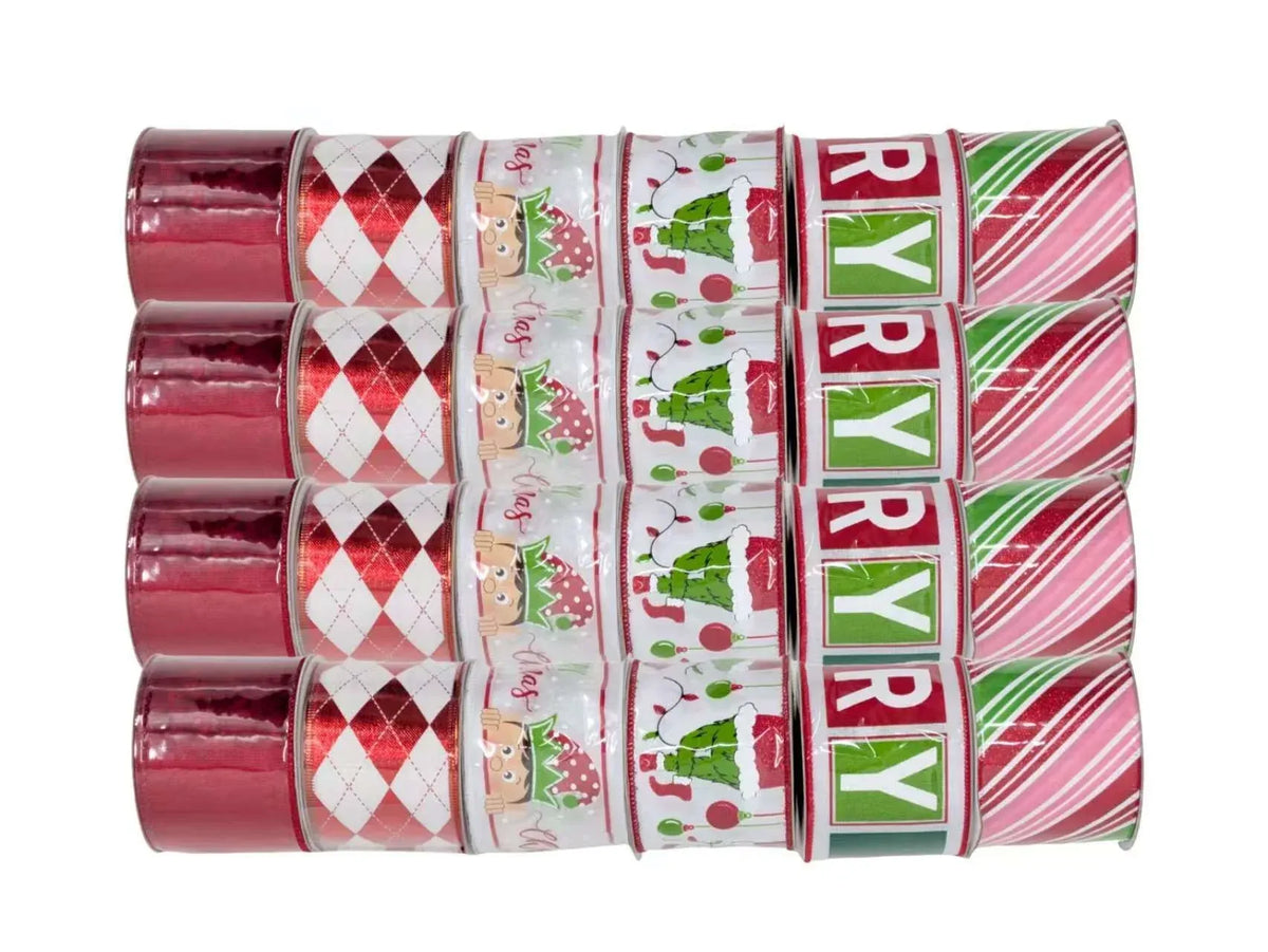 Christmas Red & Green Elf Ribbon, 6.3 cm x 3 m – 6 Assorted Designs, Bulk Buy x24