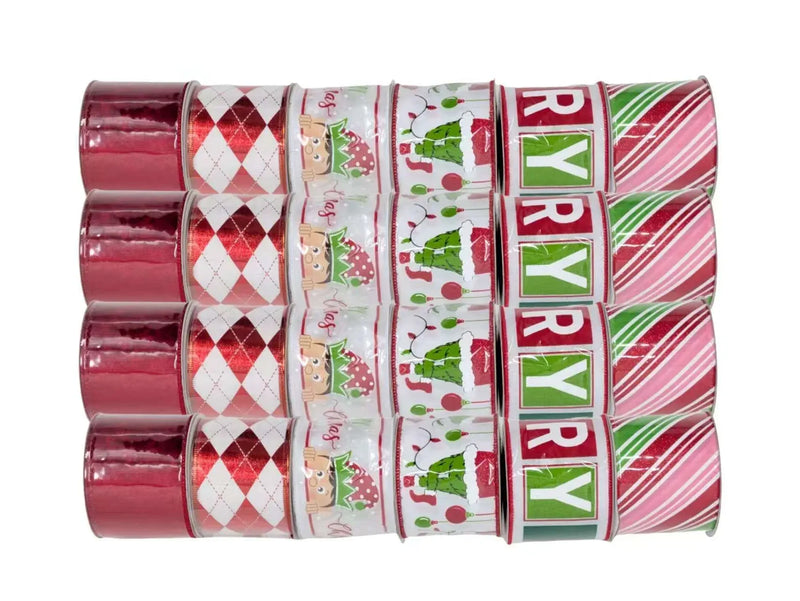 Christmas Red & Green Elf Ribbon, 6.3 cm x 3 m – 6 Assorted Designs, Bulk Buy x24