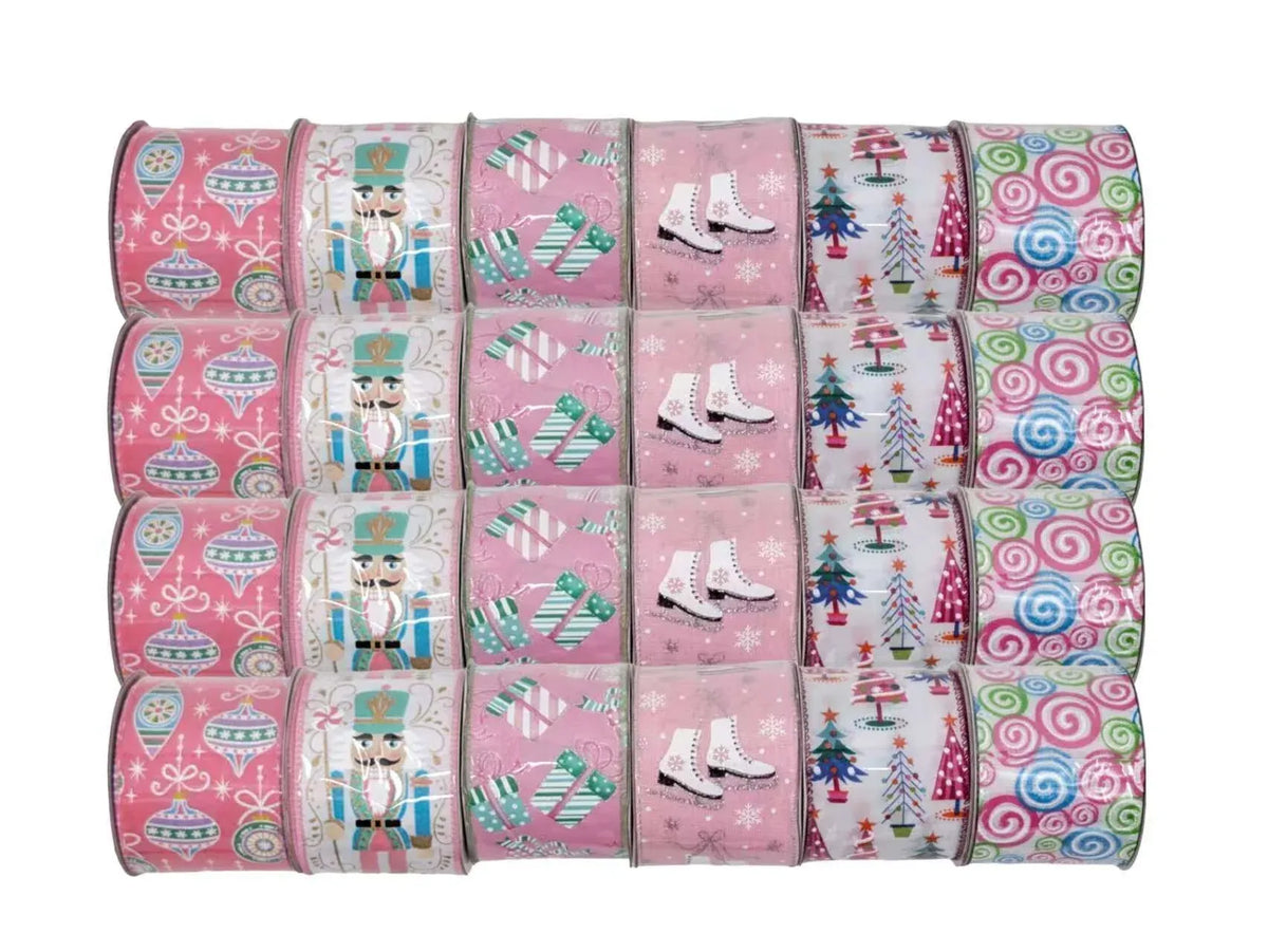 Christmas Pink & Pastel Ribbon, 6.3 cm x 3 m – 6 Assorted Designs, Bulk Buy x24