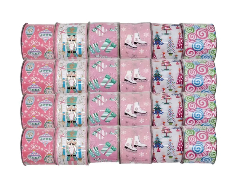 Christmas Pink & Pastel Ribbon, 6.3 cm x 3 m – 6 Assorted Designs, Bulk Buy x24