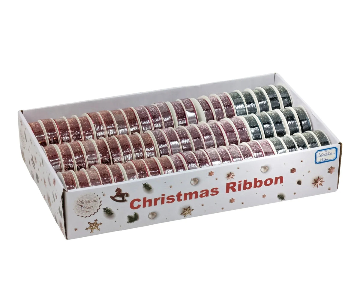 Christmas Glitter Velvet Ribbon, 1.5 cm x 3 m – 3 Assorted Designs, Bulk Buy x54