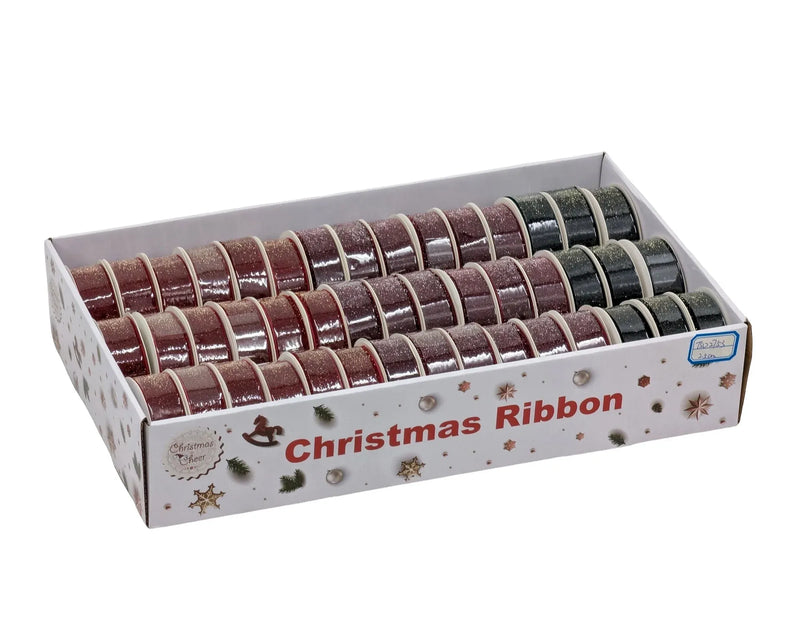 Christmas Glitter Velvet Ribbon, 2.5 cm x 3 m – 3 Assorted Designs, Bulk Buy x45