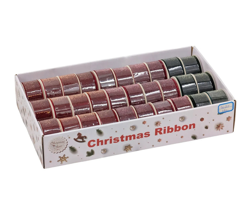 Christmas Glitter Velvet Ribbon, 3.8 cm x 3 m – 3 Assorted Designs, Bulk Buy x30