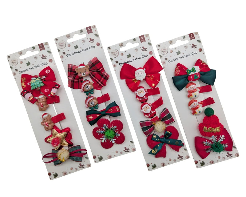 Christmas Hair Clip – Pack of 5, 4 Assorted Designs, Bulk Buy x24