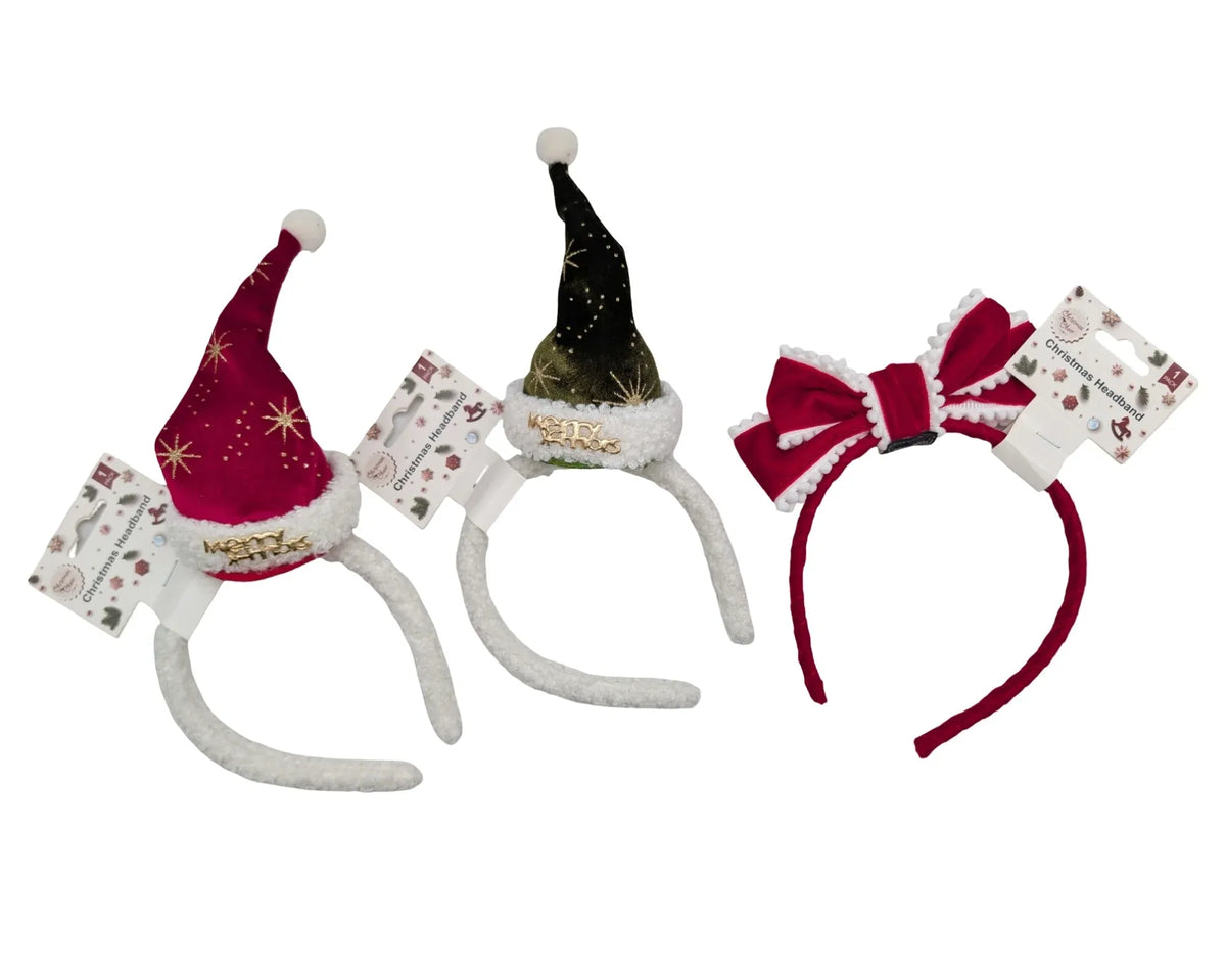 Christmas Party Hat Hairband – 3 Assorted Designs, Bulk Buy x24